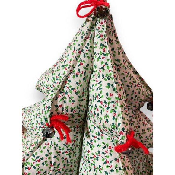 Handcrafted 3D Stuffed Fabric Christmas Tree 15" Holly Print & Bells Vintage - Picture 3 of 7